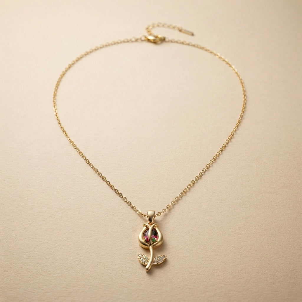 Rose Classic Chain Pendant – Gold + Pink view 2
