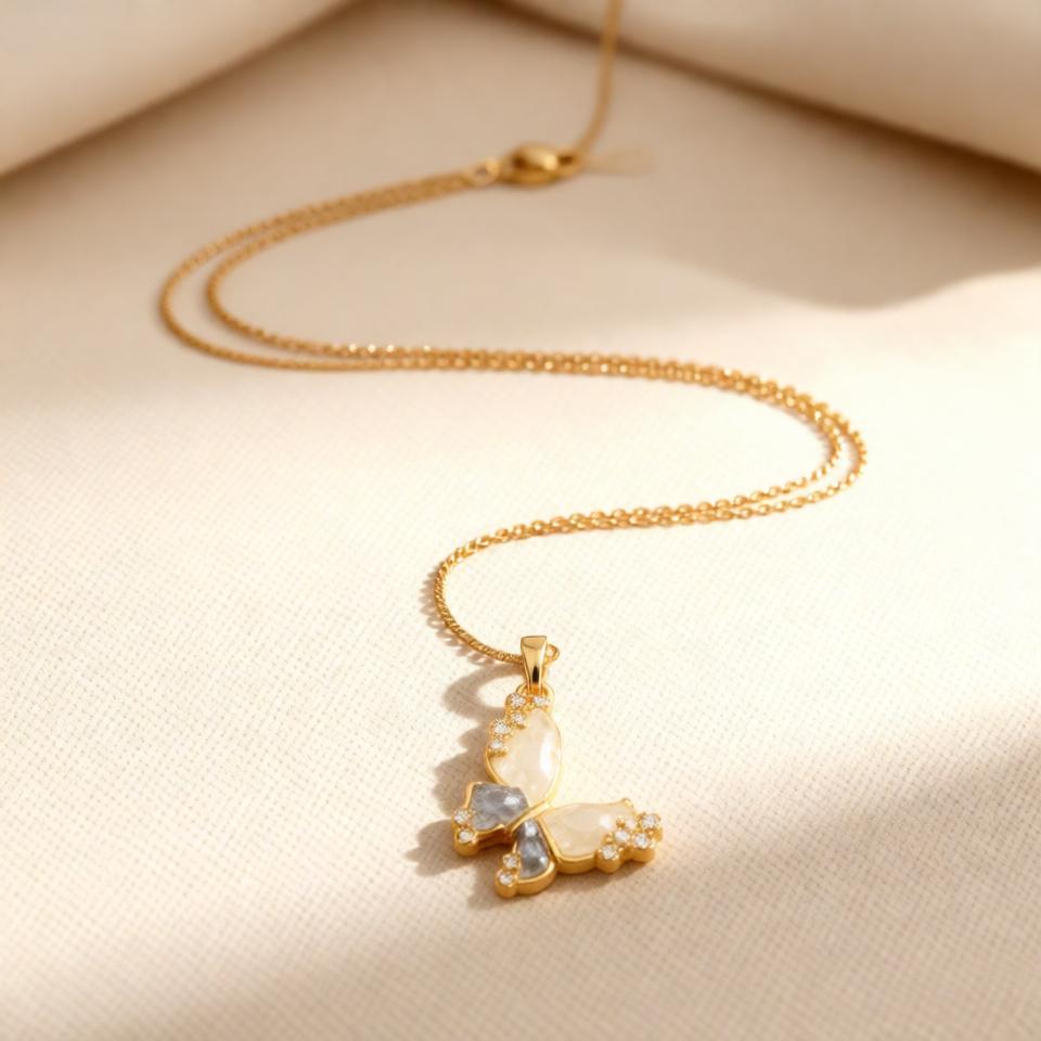 Butterfly Stylish Chain Pendant – Gold + Pink view 18