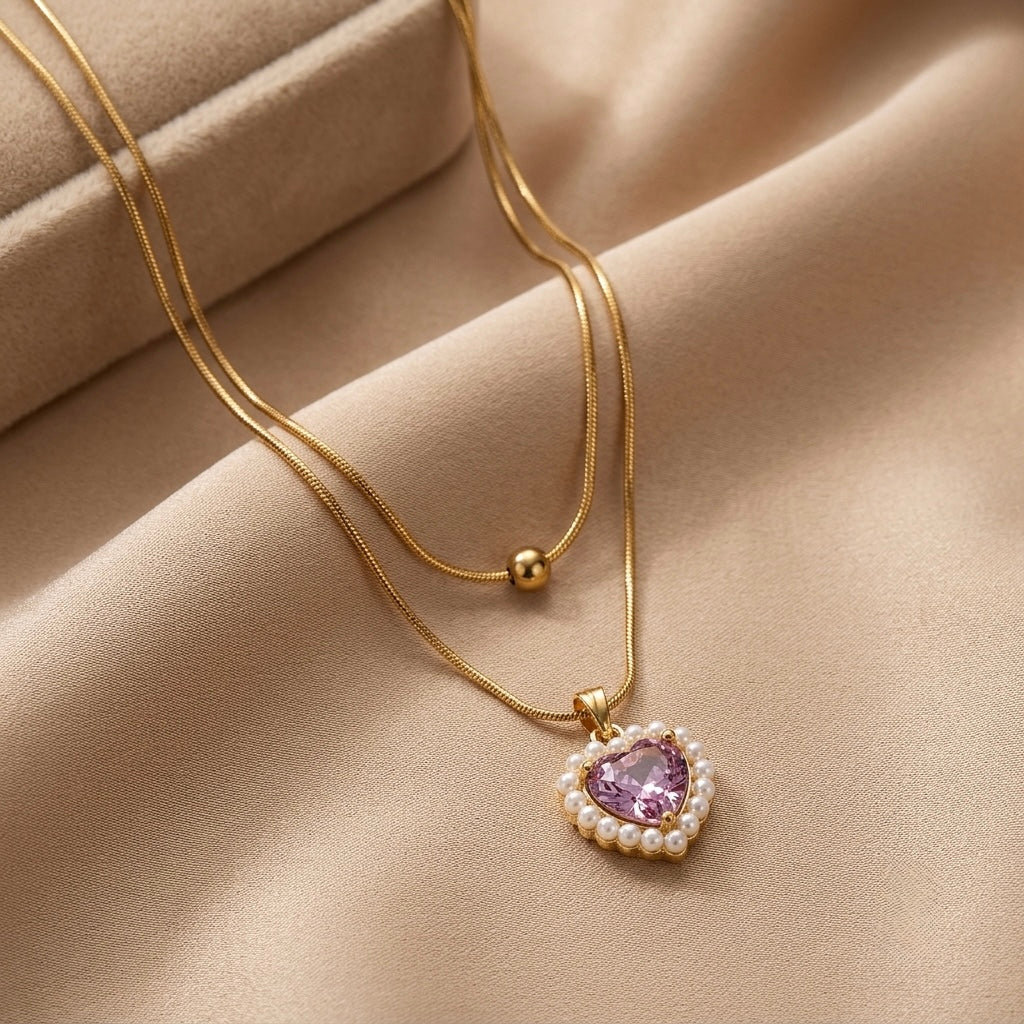 Heart Fancy Chain Pendant – Gold + Pink – Gold + Pink view 5