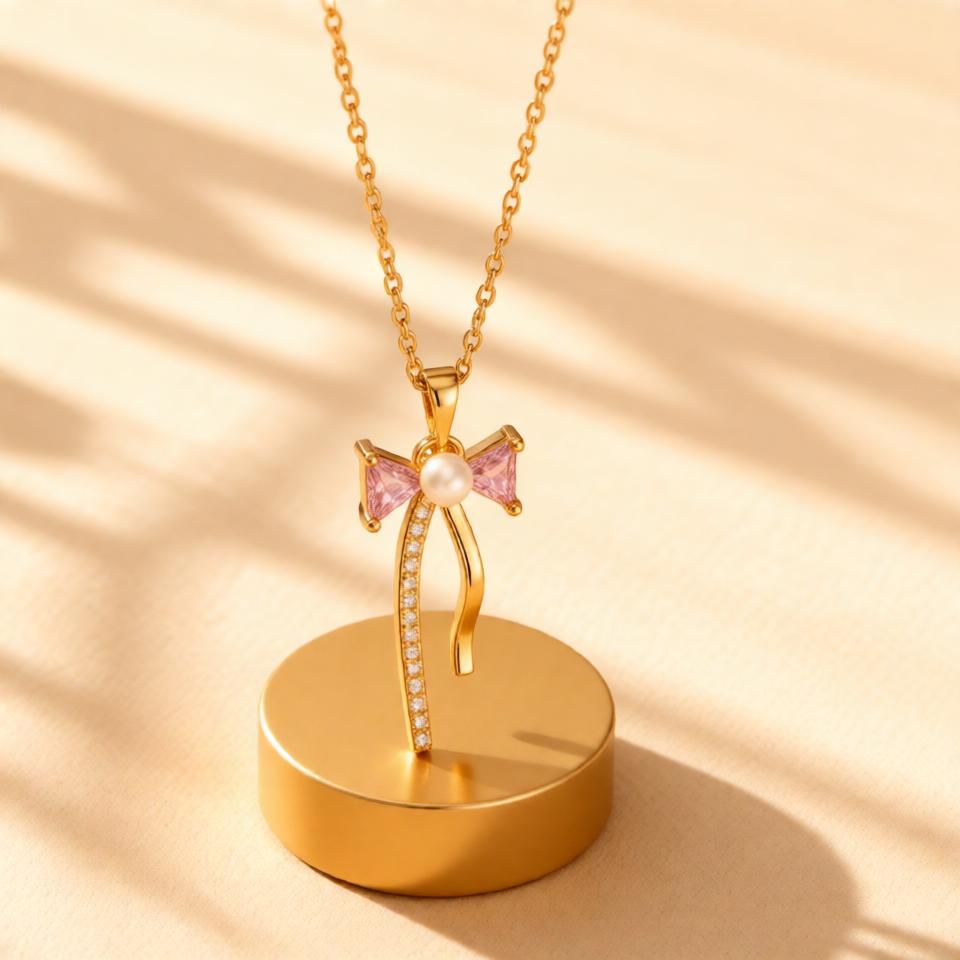 Bow Fancy Chain Pendant – Gold + Pink view 7