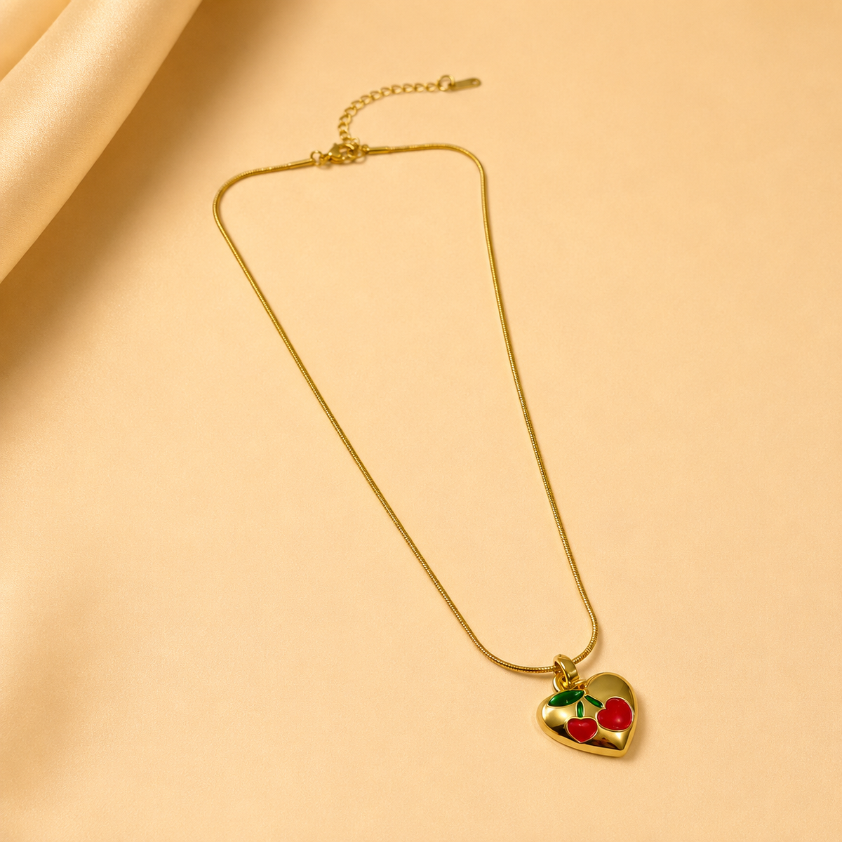 Heart & Cherry Print Chain Pendant – Gold view 5