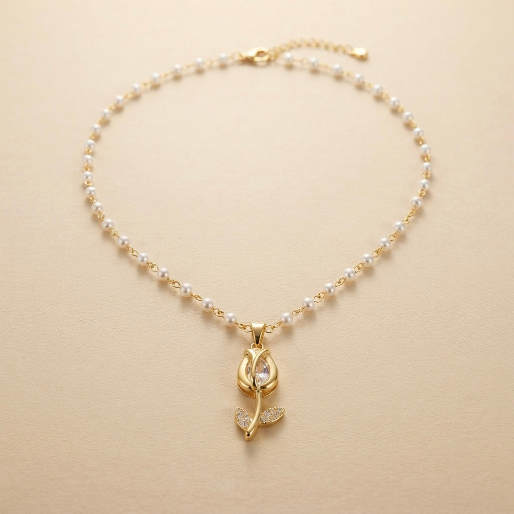 Pearl & Rose Chain Pendant – Gold + White view 3