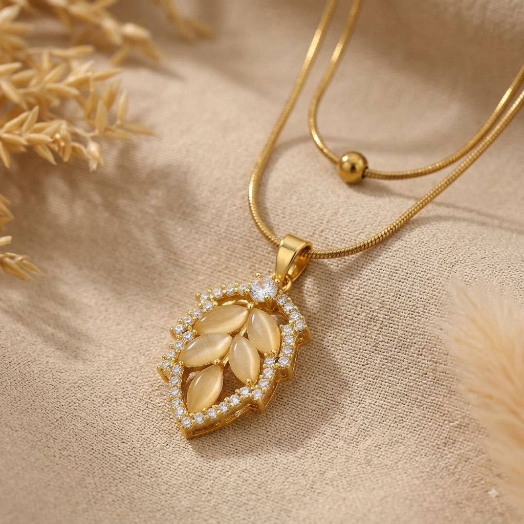 Leafy Two Layer Chain Pendant – Gold + White view 4