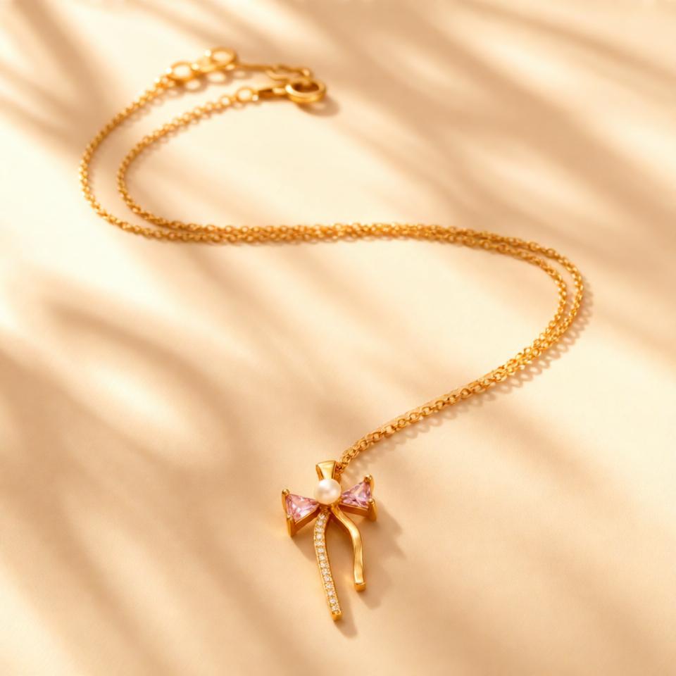 Bow Fancy Chain Pendant – Gold + Pink view 6
