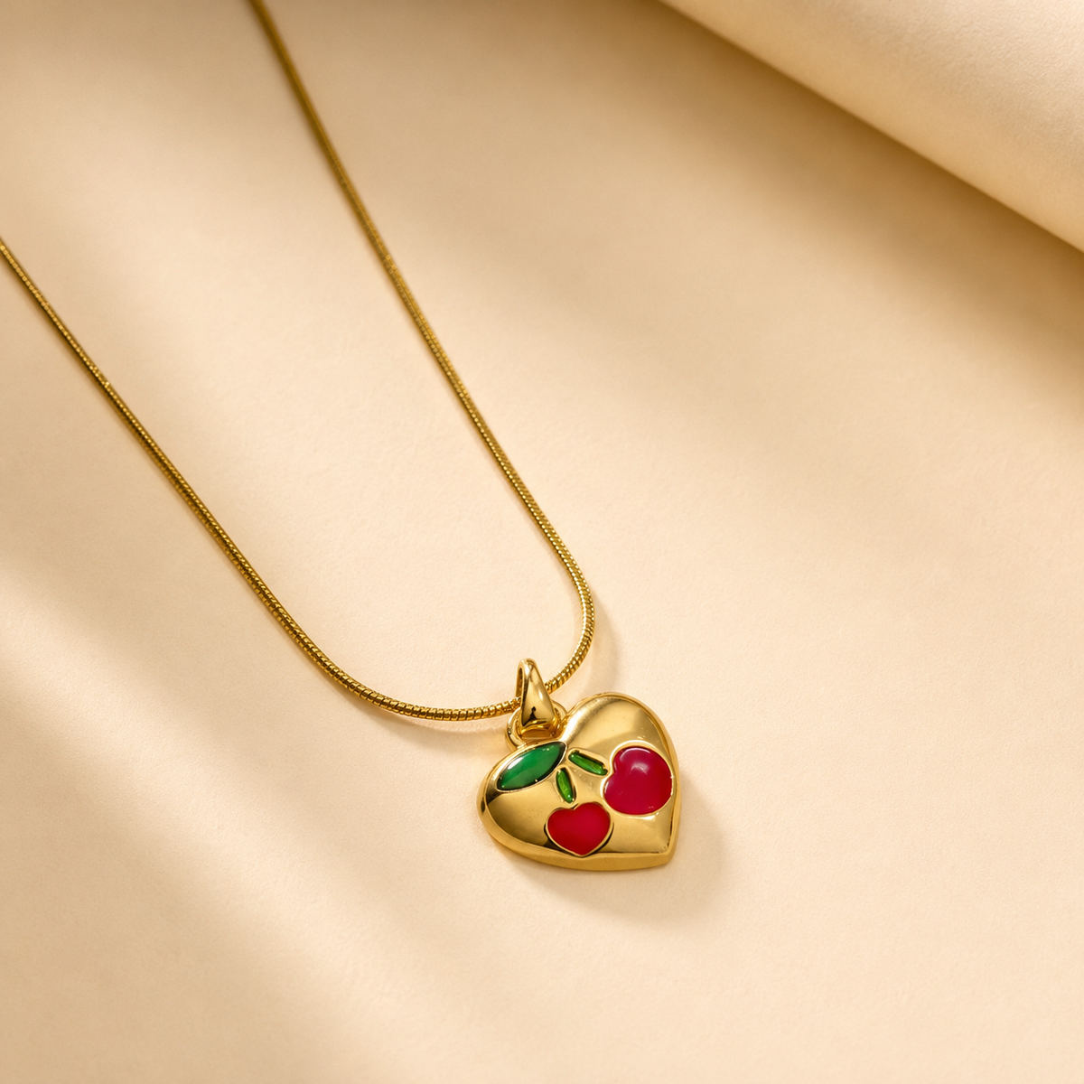 Heart & Cherry Print Chain Pendant – Gold view 4