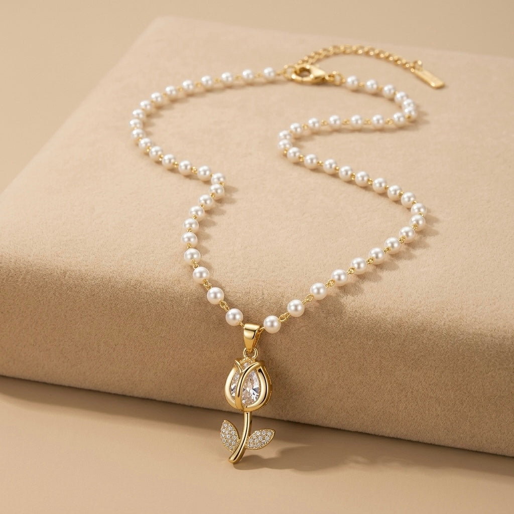 Pearl & Rose Chain Pendant – Gold + White view 5