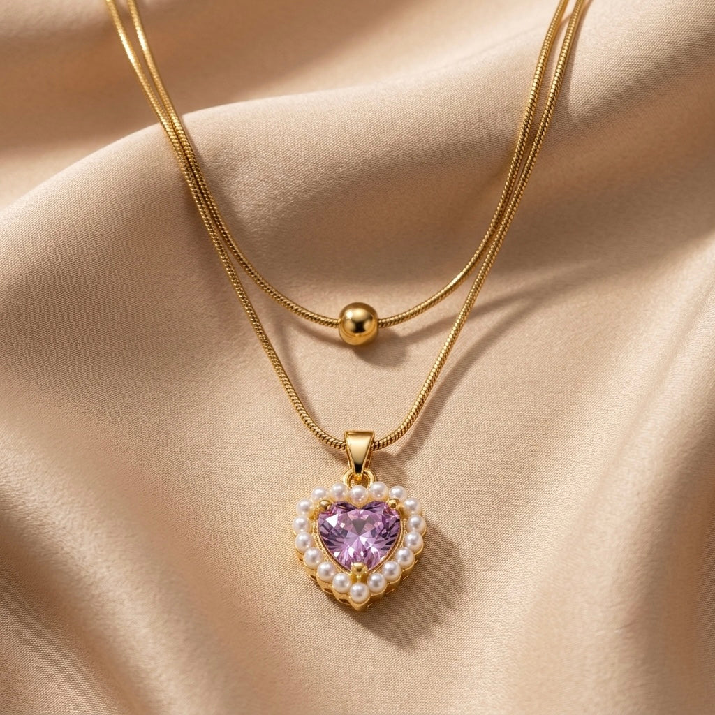 Heart Fancy Chain Pendant – Gold + Pink – Gold + Pink view 7