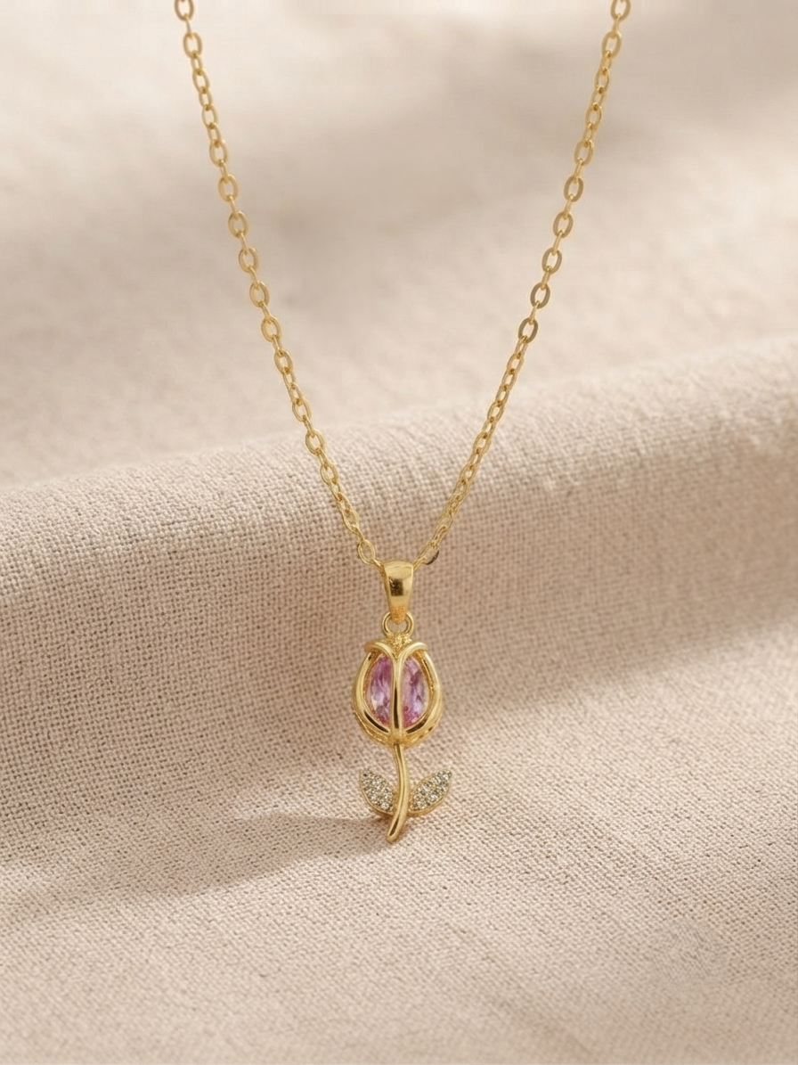Rose Classic Chain Pendant – Gold + Pink view 4