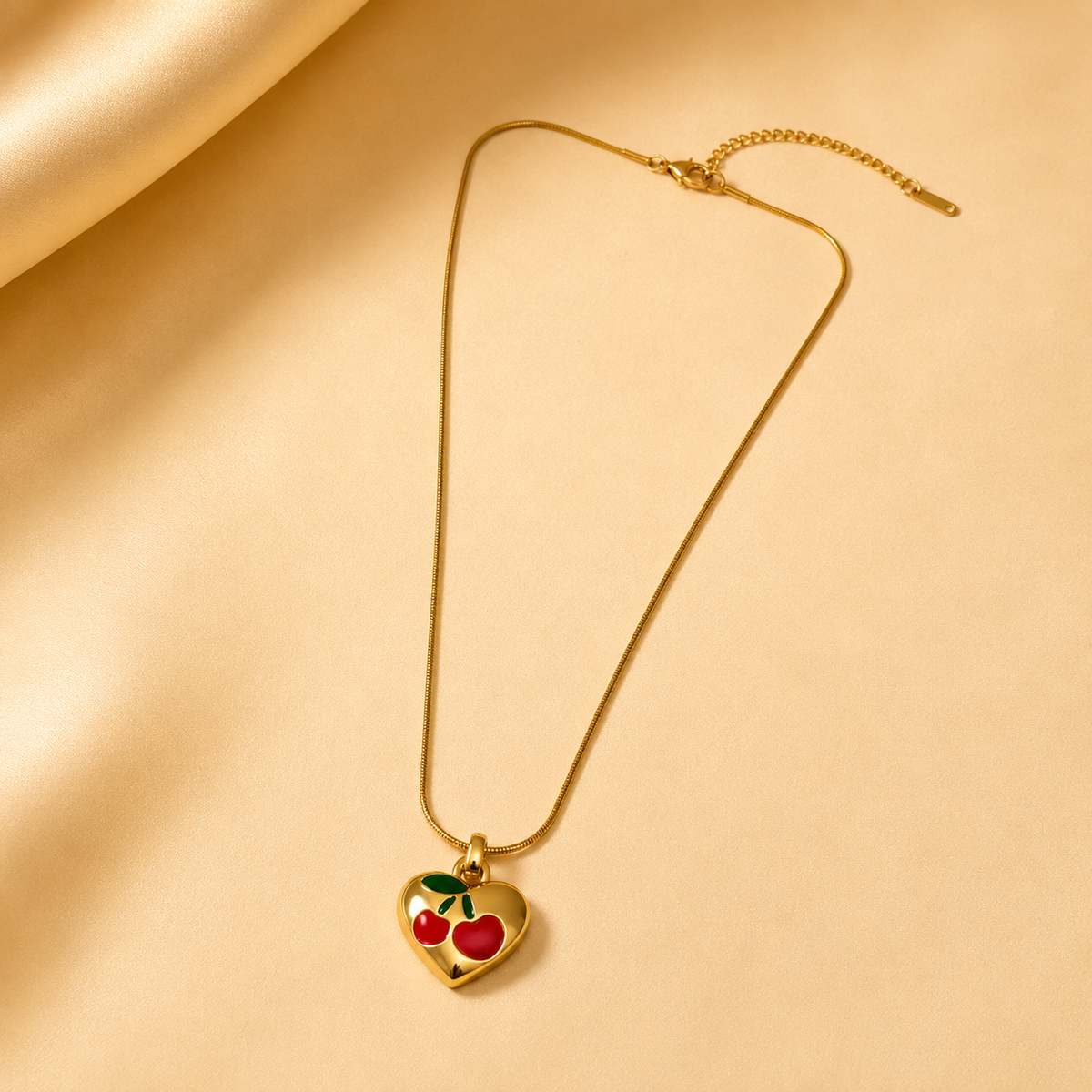 Heart & Cherry Print Chain Pendant – Gold view 2