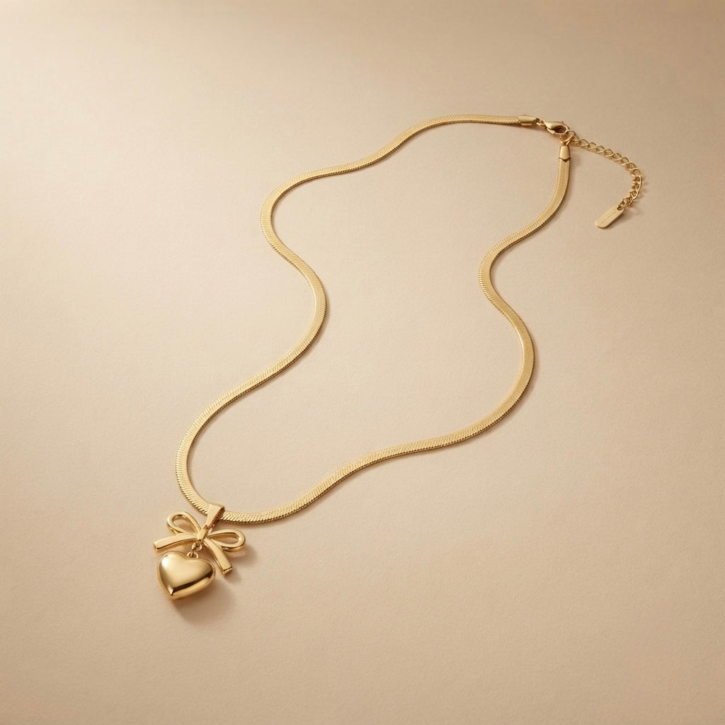 Bow & Heart Chain Pendant – Gold view 4