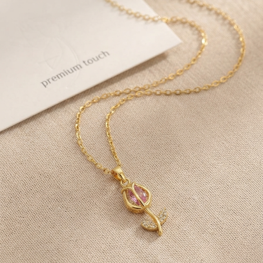 Rose Classic Chain Pendant – Gold + Pink view 3
