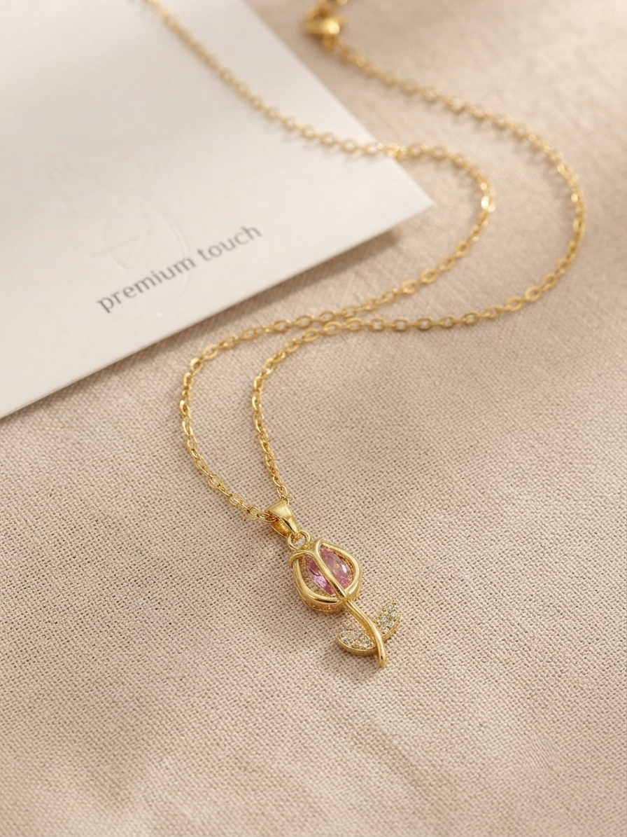Rose Classic Chain Pendant – Gold + Pink view 3