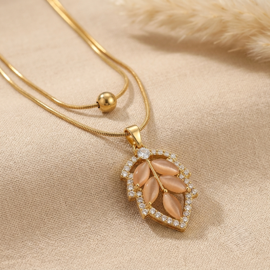 Leafy Two Layer Chain Pendant – Gold + White view 3
