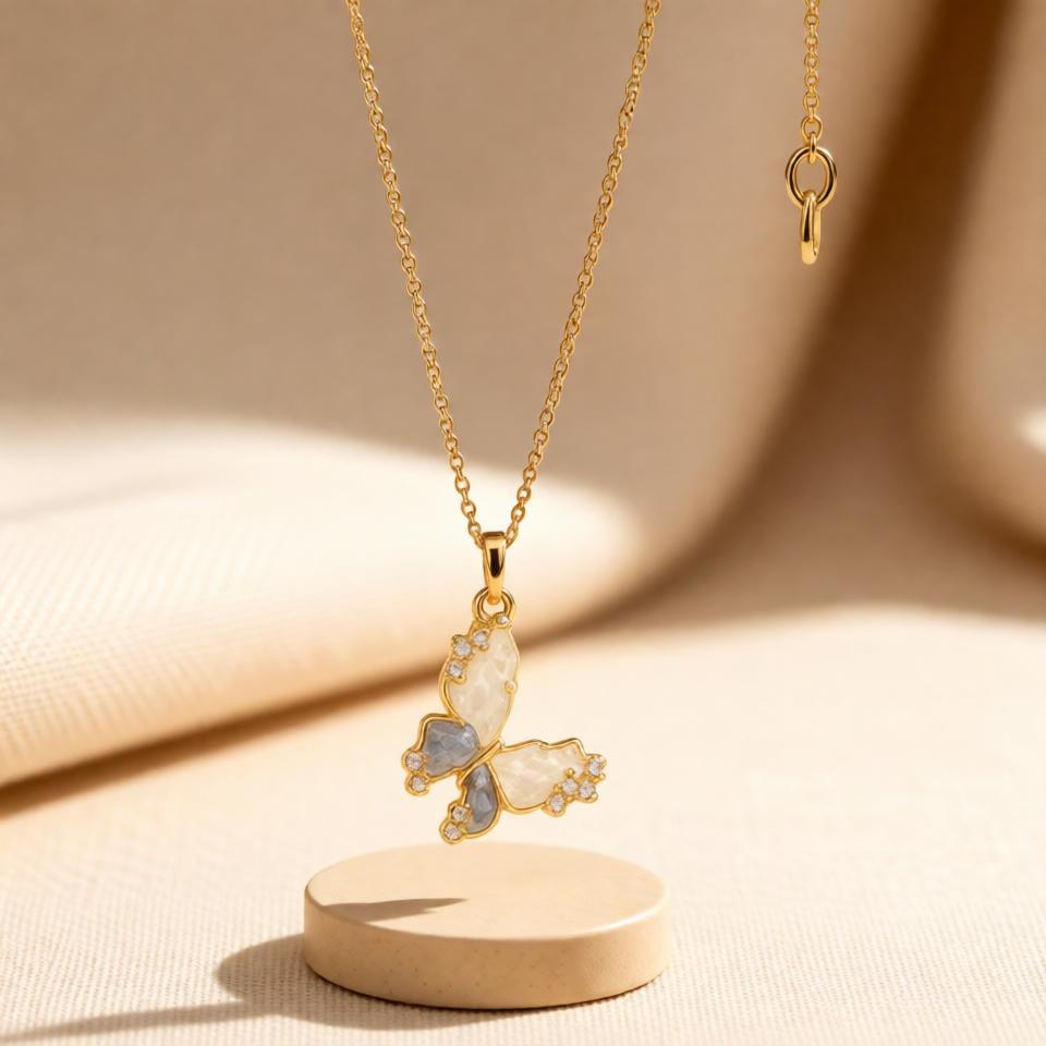 Butterfly Stylish Chain Pendant – Gold + Pink view 15