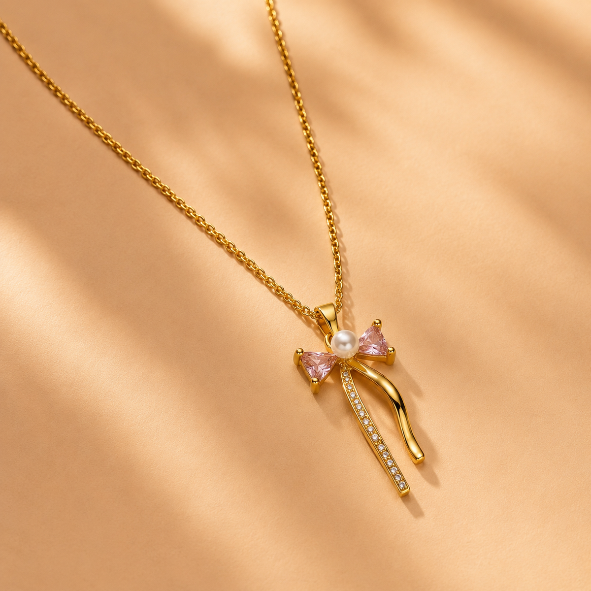 Bow Fancy Chain Pendant – Gold + Pink view 3