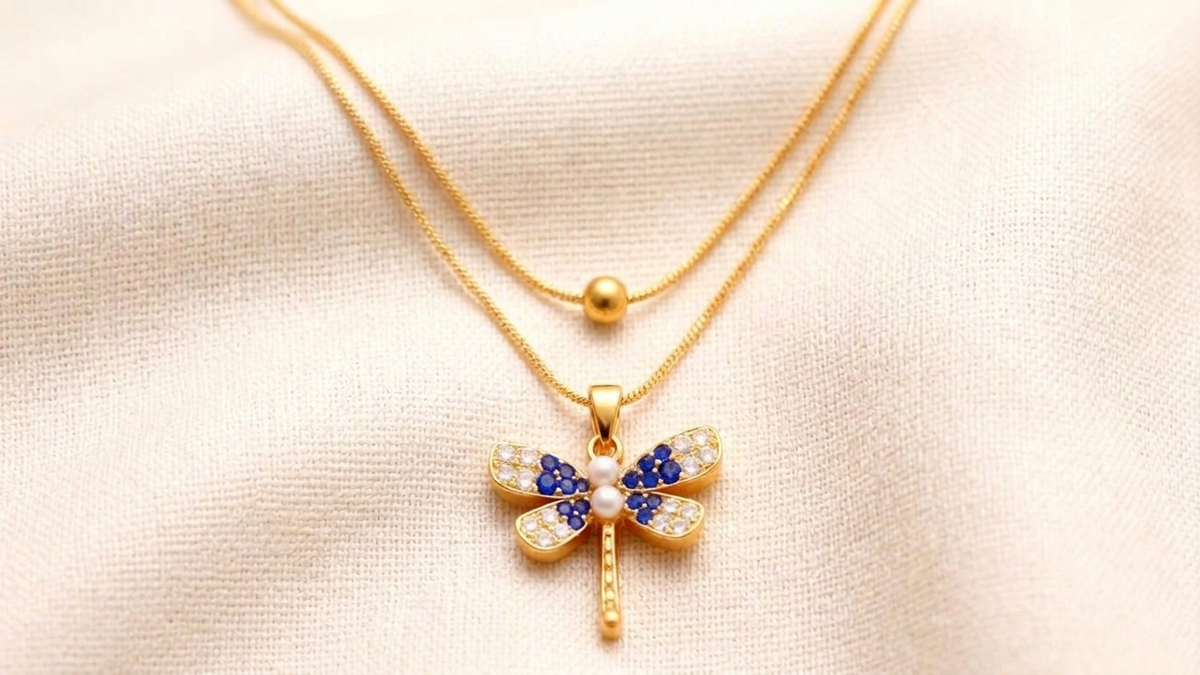 Dragonfly Chain Pendant – Gold + Coloured view 1