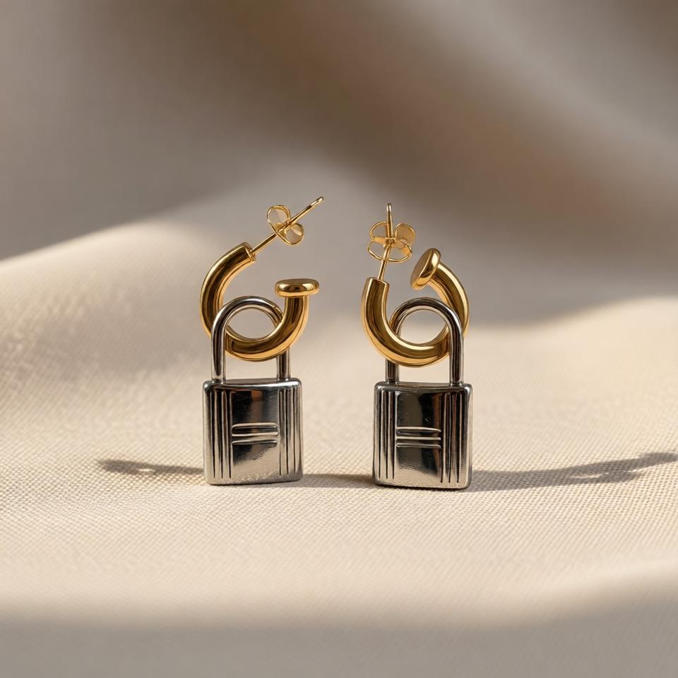 Lock Fancy Earrings – Gold & Silver Mix view 3