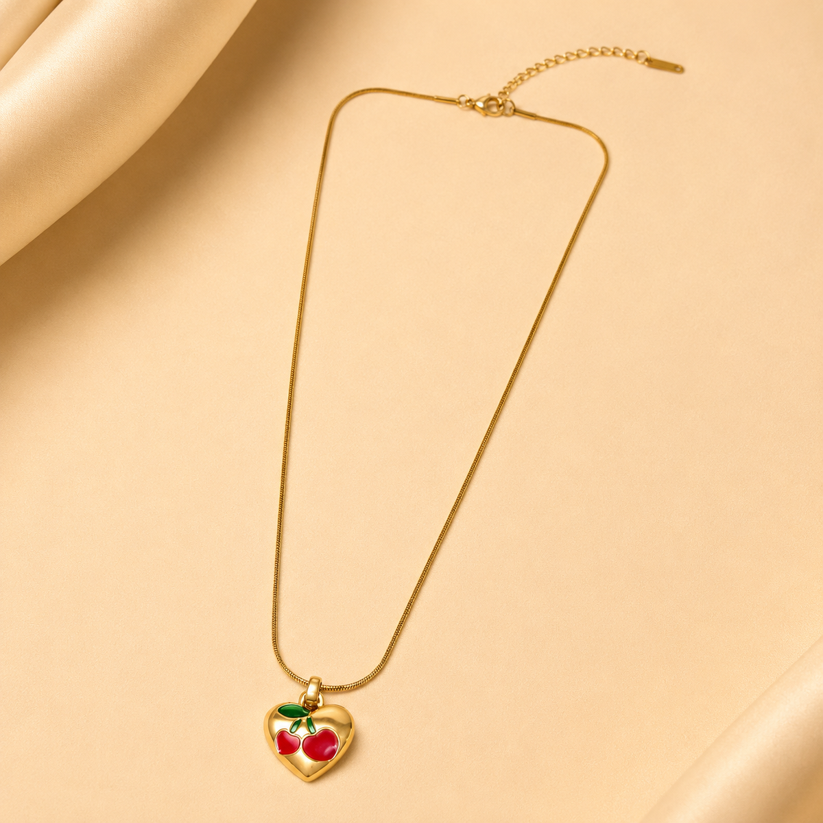 Heart & Cherry Print Chain Pendant – Gold view 7