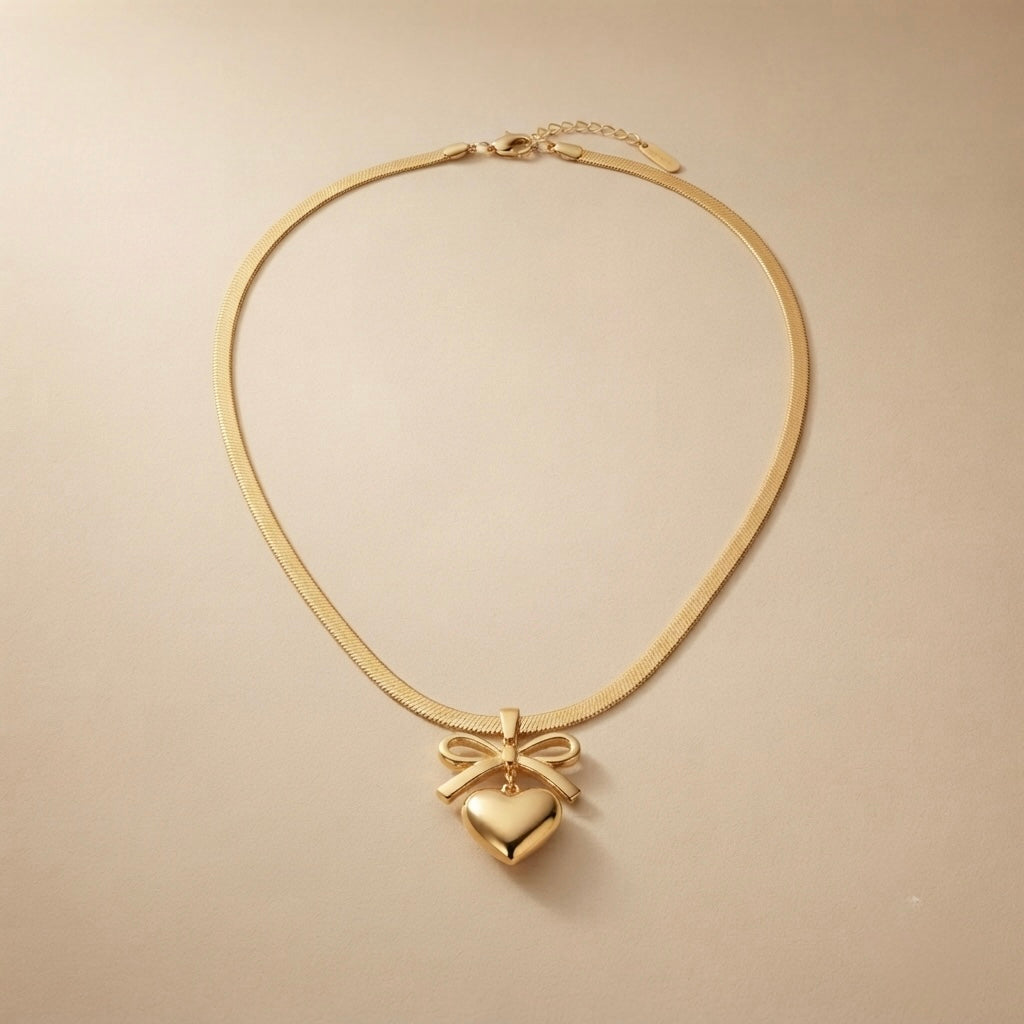 Bow & Heart Chain Pendant – Gold view 3