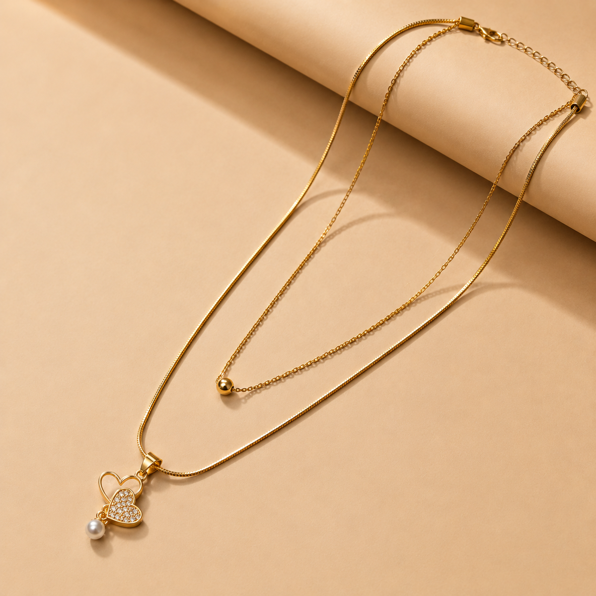 Heart Pearl Droop Chain Pendant – Gold view 7