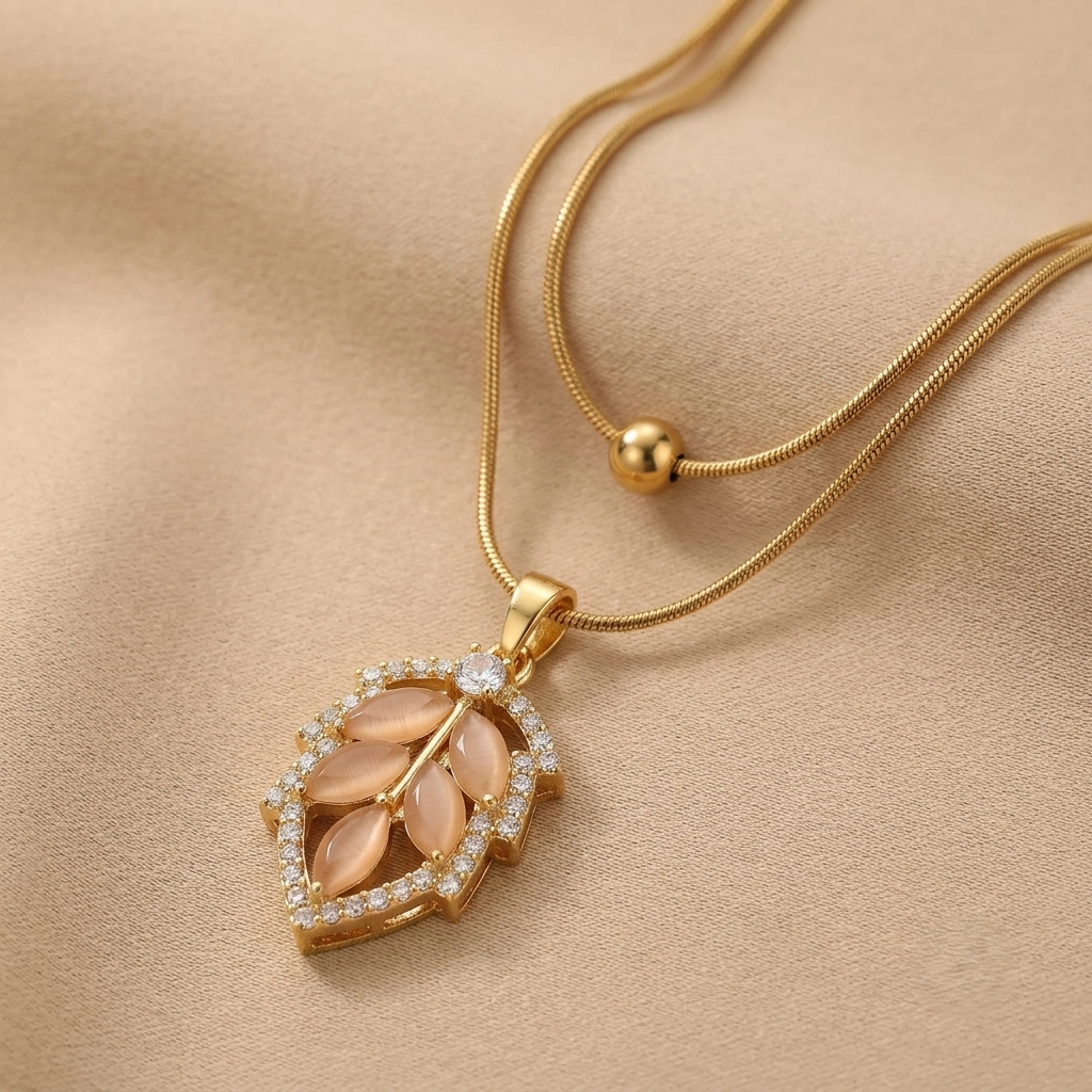 Leafy Two Layer Chain Pendant – Gold + White view 2