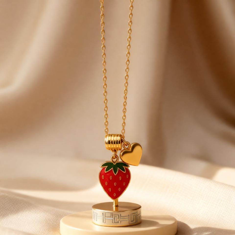 Strawberry & Heart Chain Pendant – Gold view 6
