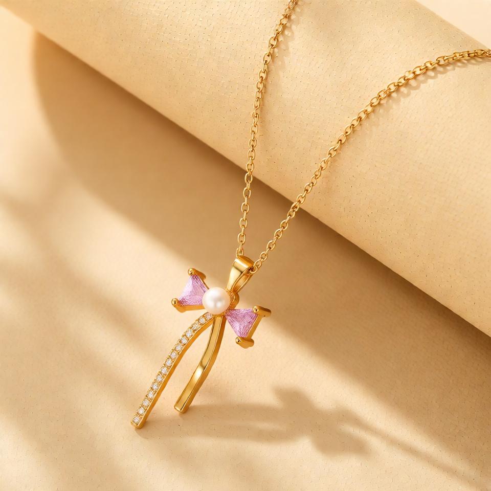 Bow Fancy Chain Pendant – Gold + Pink view 8