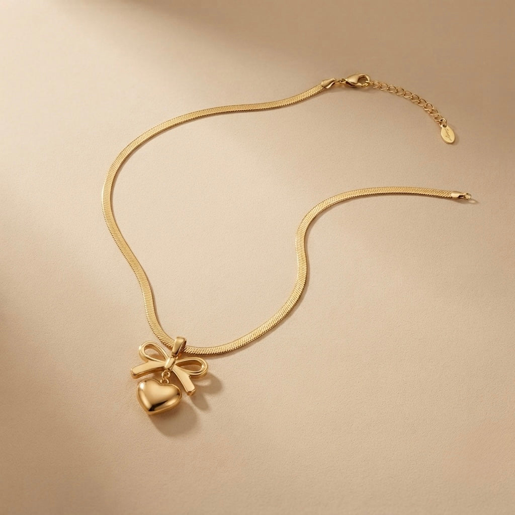 Bow & Heart Chain Pendant – Gold view 8