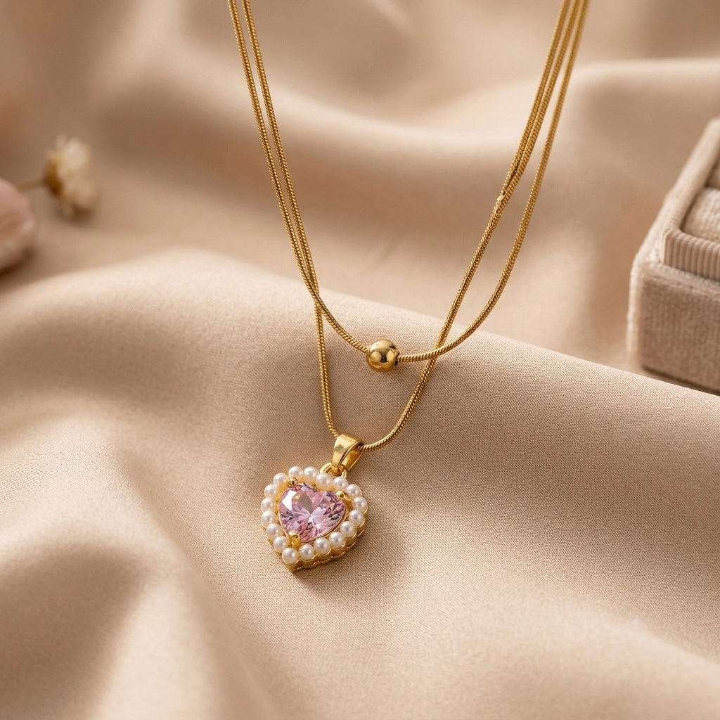 Heart Fancy Chain Pendant – Gold + Pink – Gold + Pink view 4