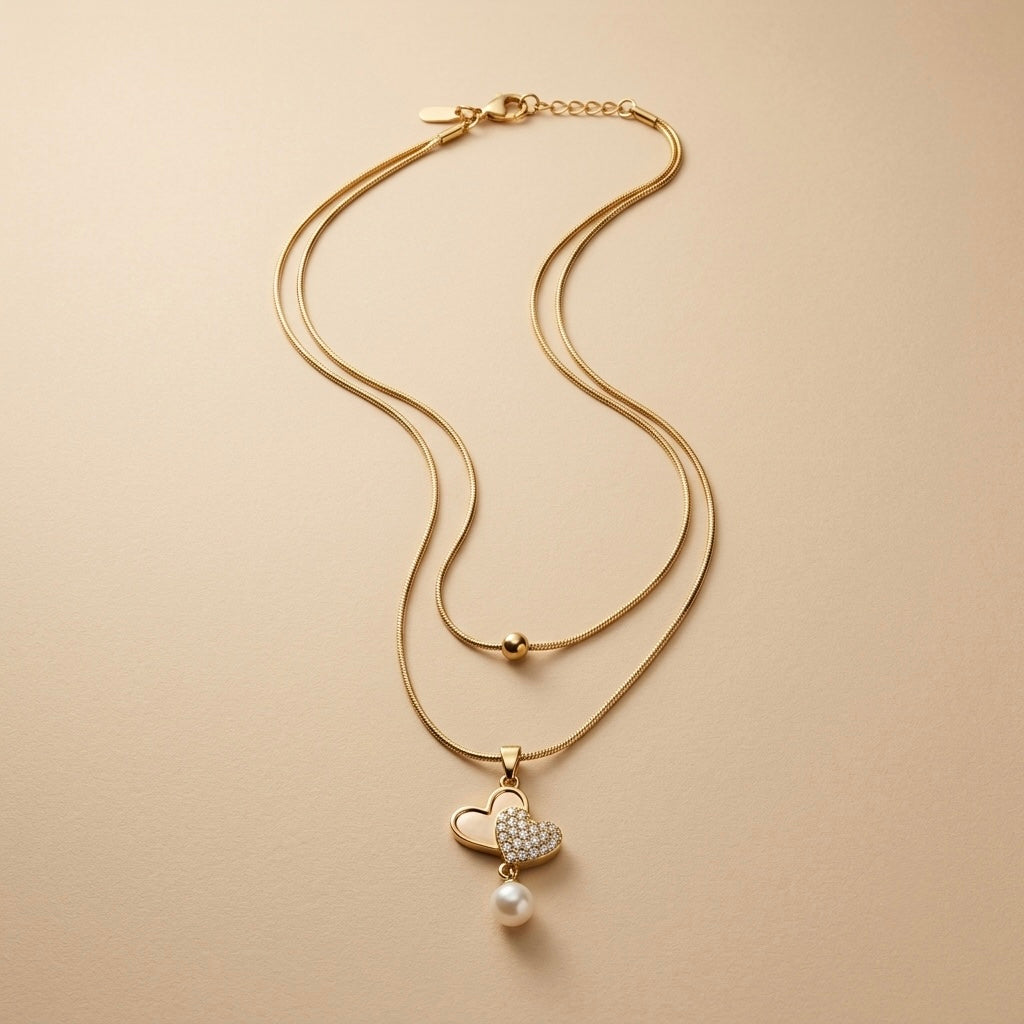 Heart Pearl Droop Chain Pendant – Gold view 5