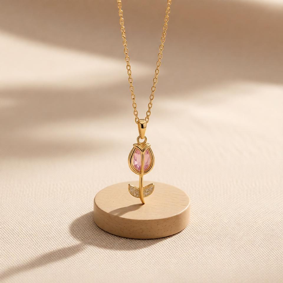 Rose Classic Chain Pendant – Gold + Pink view 5