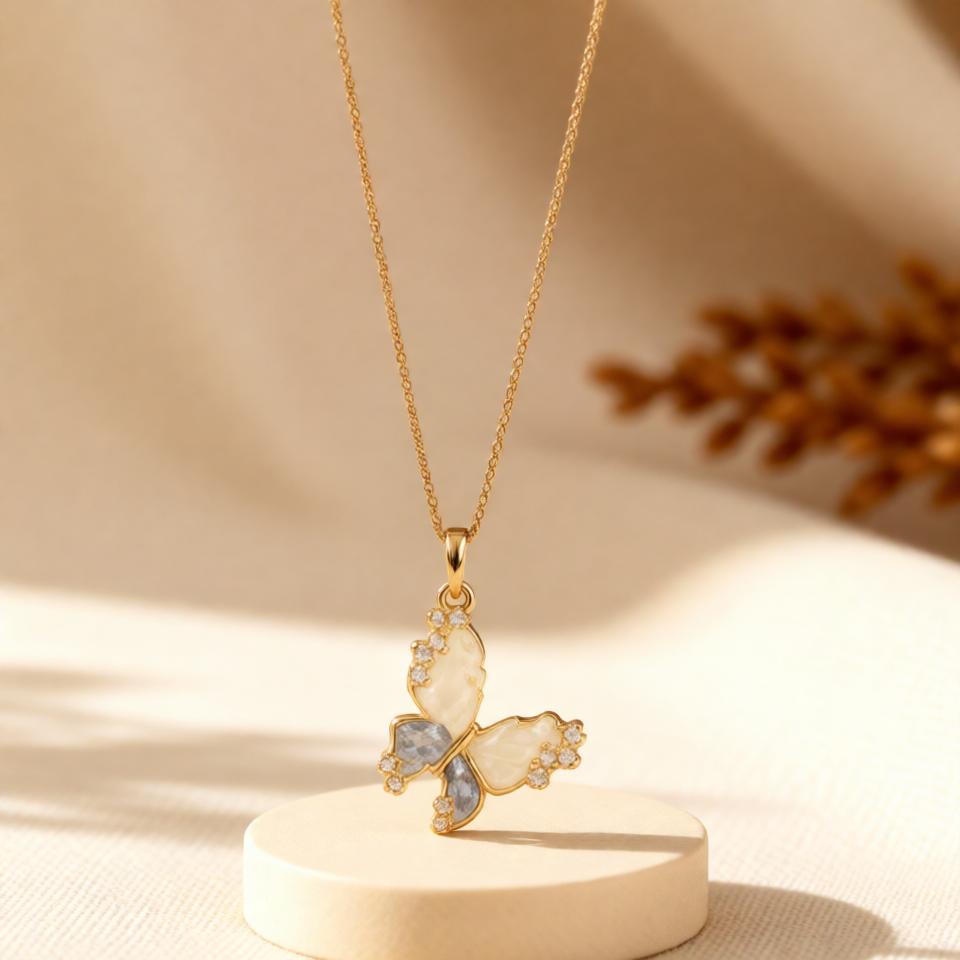 Butterfly Stylish Chain Pendant – Gold + Pink view 14