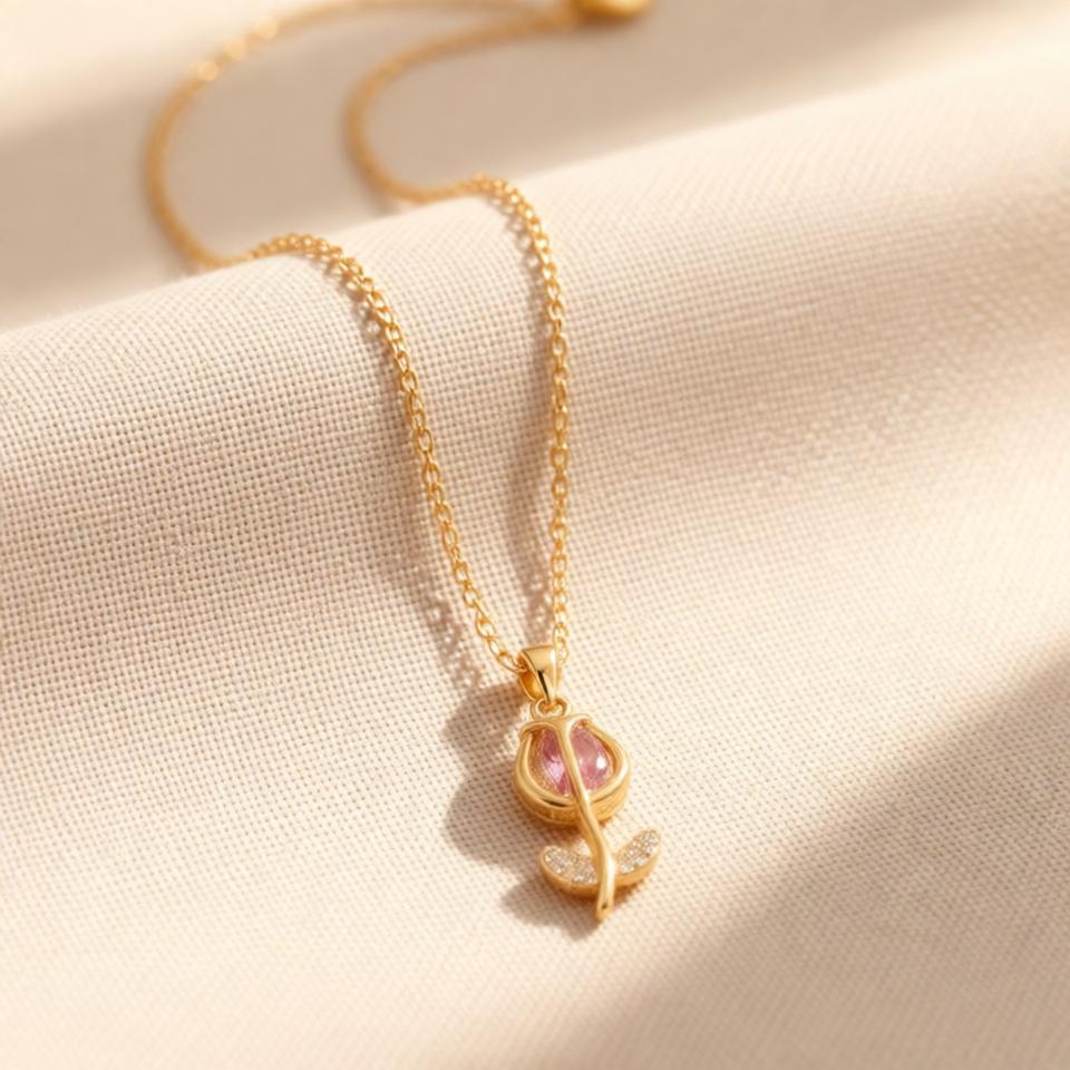 Rose Classic Chain Pendant – Gold + Pink view 7