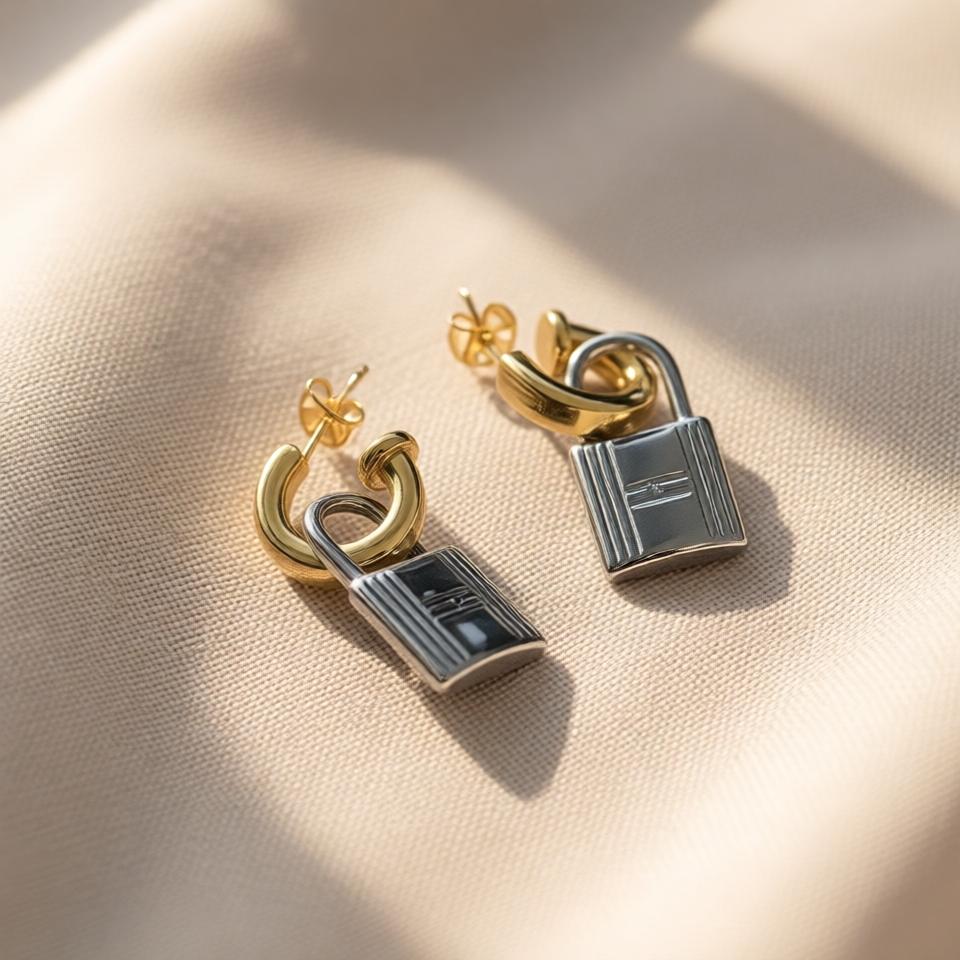 Lock Fancy Earrings – Gold & Silver Mix view 6