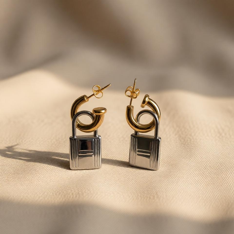 Lock Fancy Earrings – Gold & Silver Mix view 4