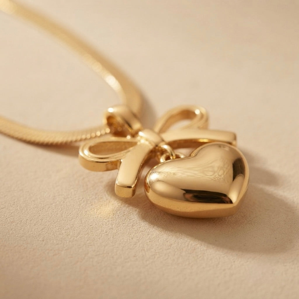 Bow & Heart Chain Pendant – Gold view 6