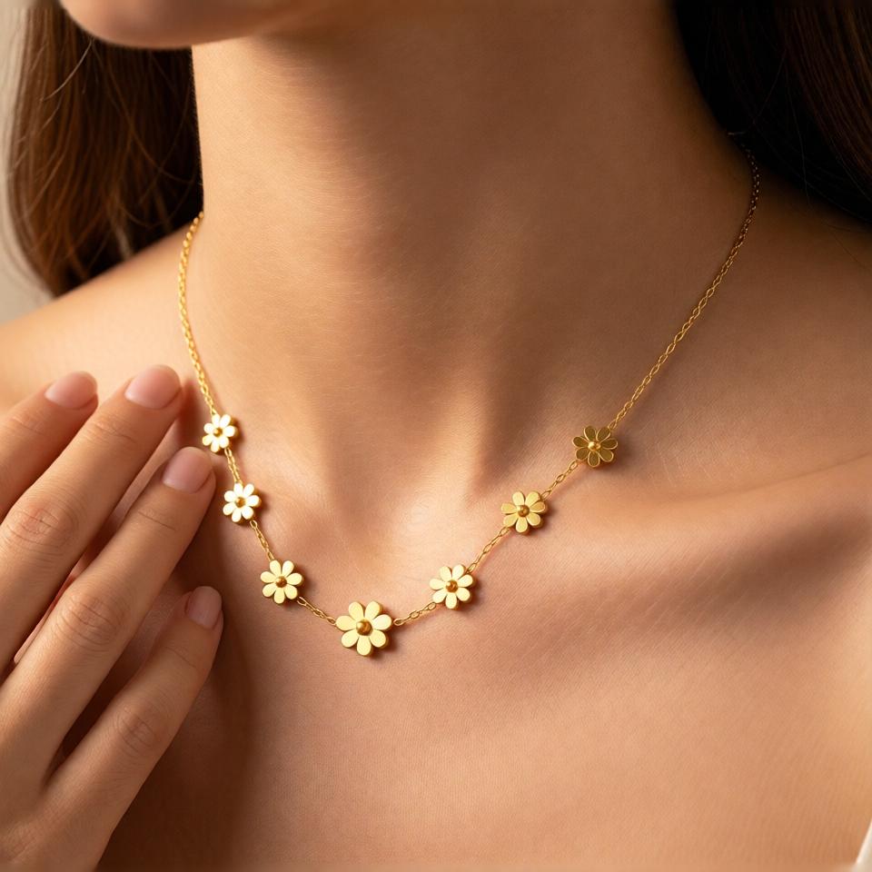 Flower Chain Pendant – Statement – Gold view 4
