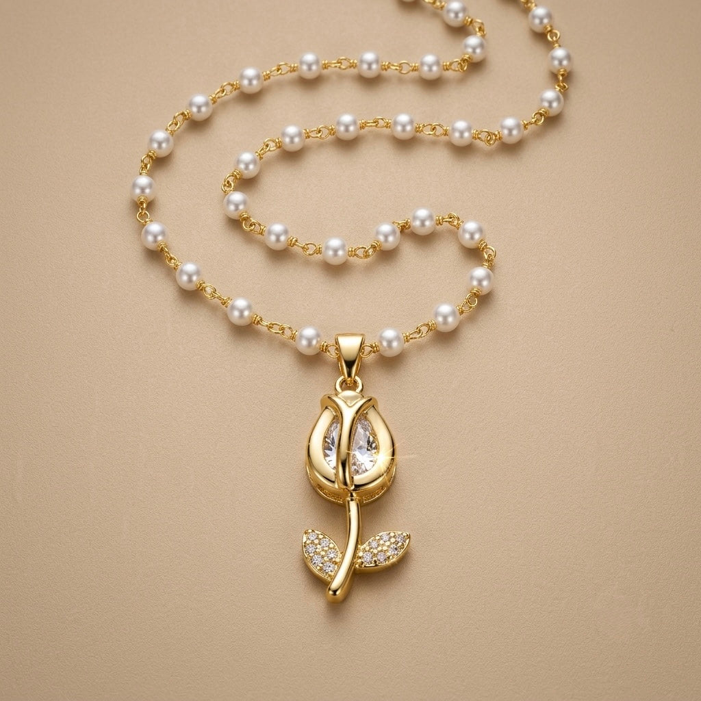 Pearl & Rose Chain Pendant – Gold + White view 4