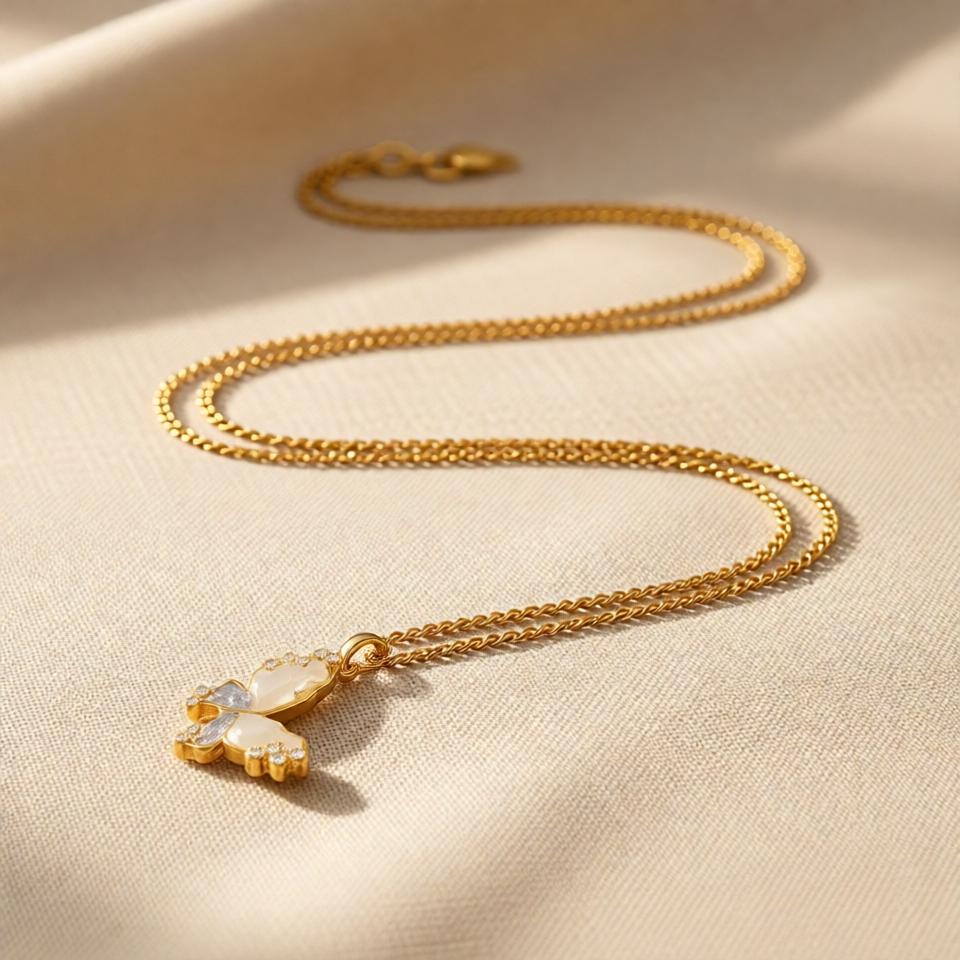 Butterfly Stylish Chain Pendant – Gold + Pink view 16