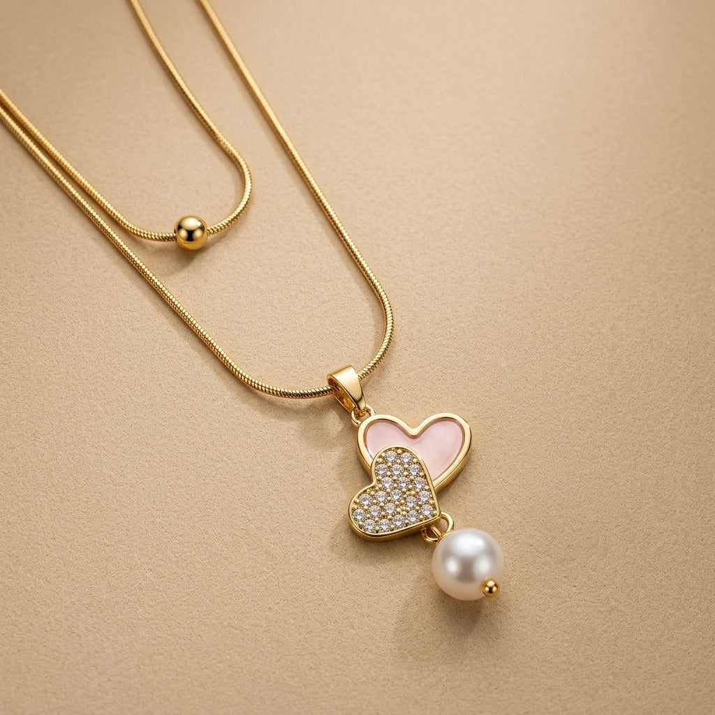 Heart Pearl Droop Chain Pendant – Gold view 3