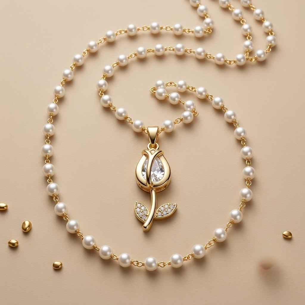 Pearl & Rose Chain Pendant – Gold + White view 6