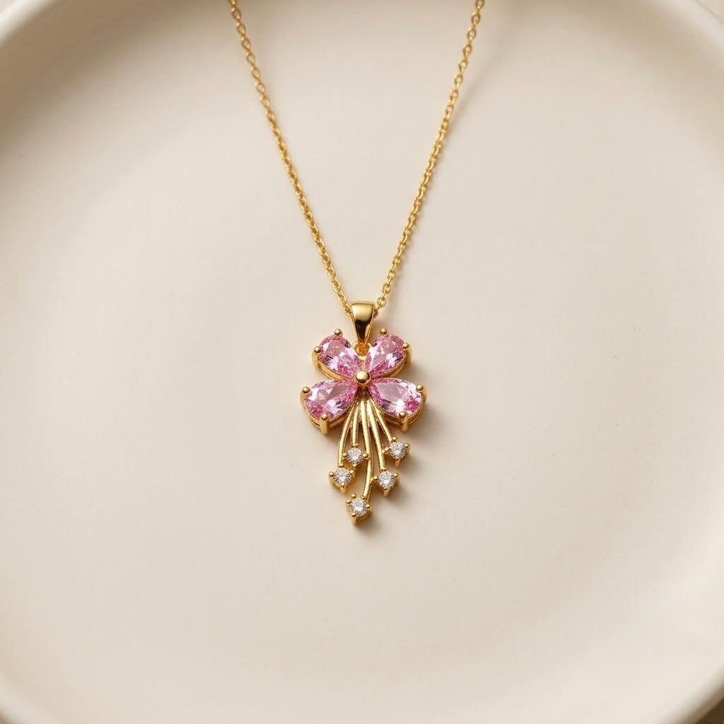 Pink Blossom Chain Pendant – Gold view 3
