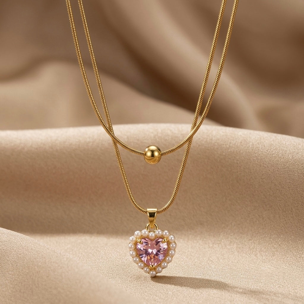Heart Fancy Chain Pendant – Gold + Pink – Gold + Pink view 8
