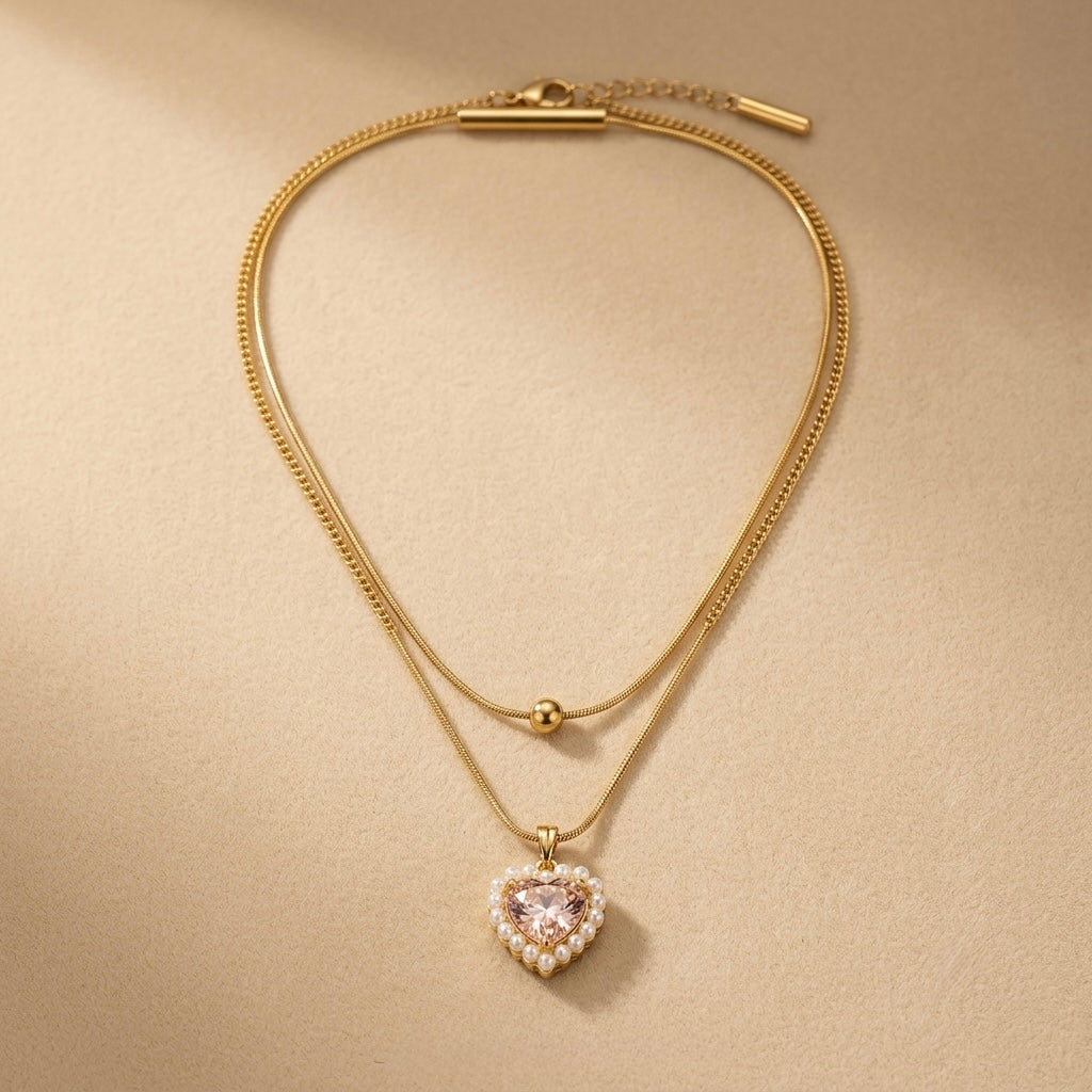 Heart Fancy Chain Pendant – Gold + Pink – Gold + Pink view 6