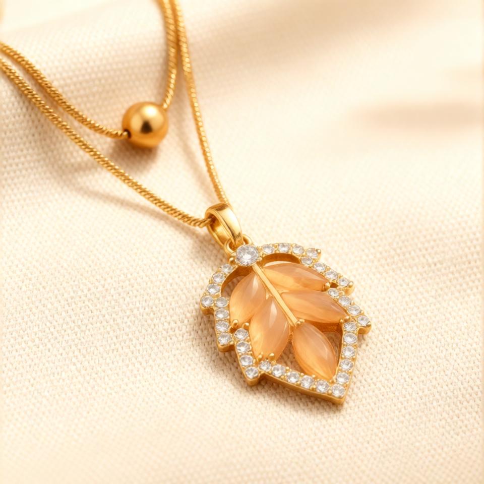 Leafy Two Layer Chain Pendant – Gold + White view 1