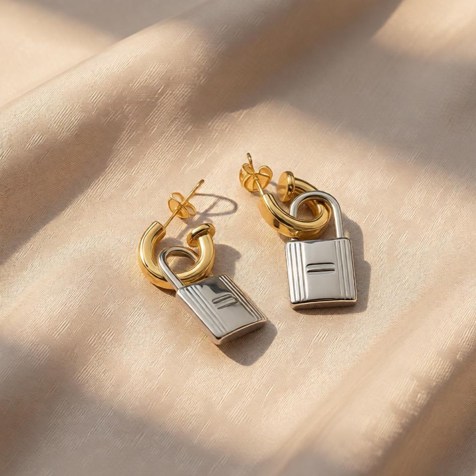 Lock Fancy Earrings – Gold & Silver Mix view 5