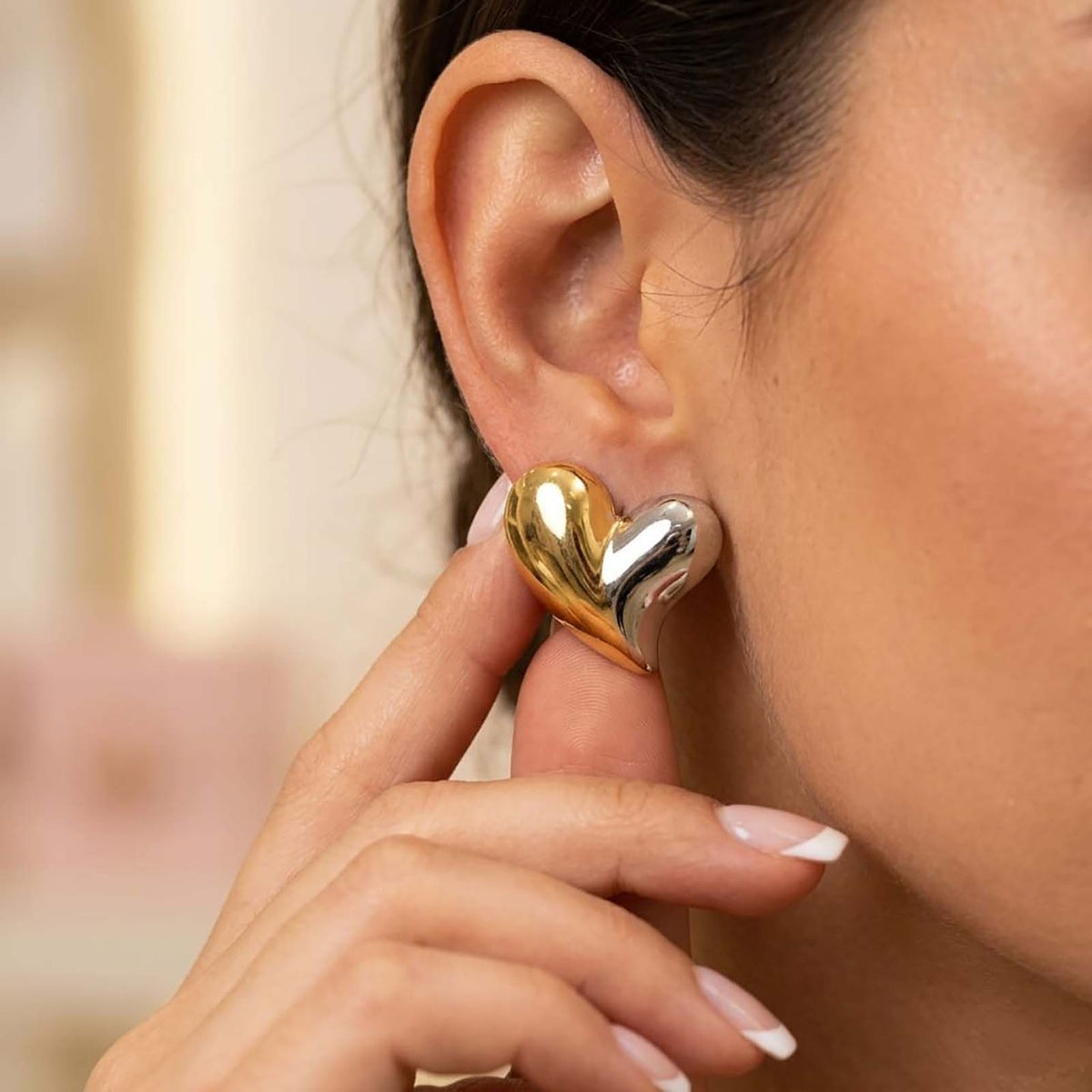 Graceful Sparkle Heart Earrings – Gold & Silver Mix view 1