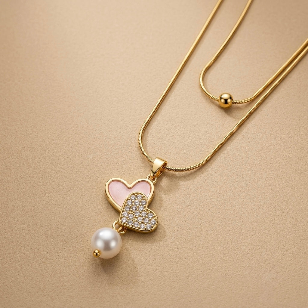 Heart Pearl Droop Chain Pendant – Gold view 4
