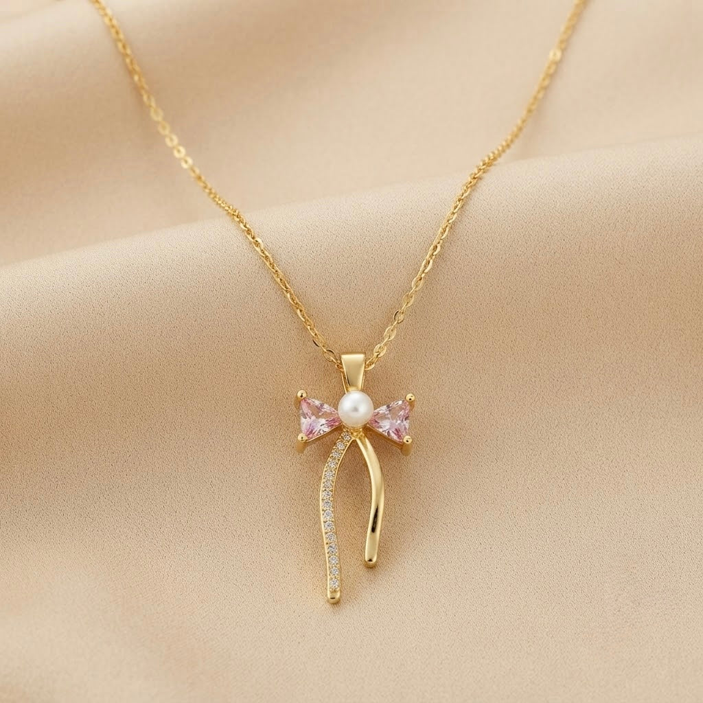 Bow Fancy Chain Pendant – Gold + Pink view 2