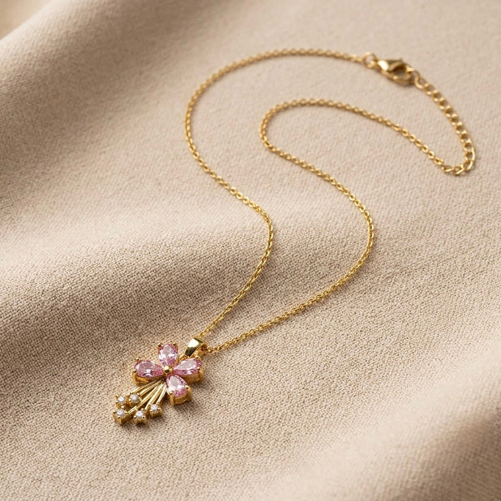Pink Blossom Chain Pendant – Gold view 2